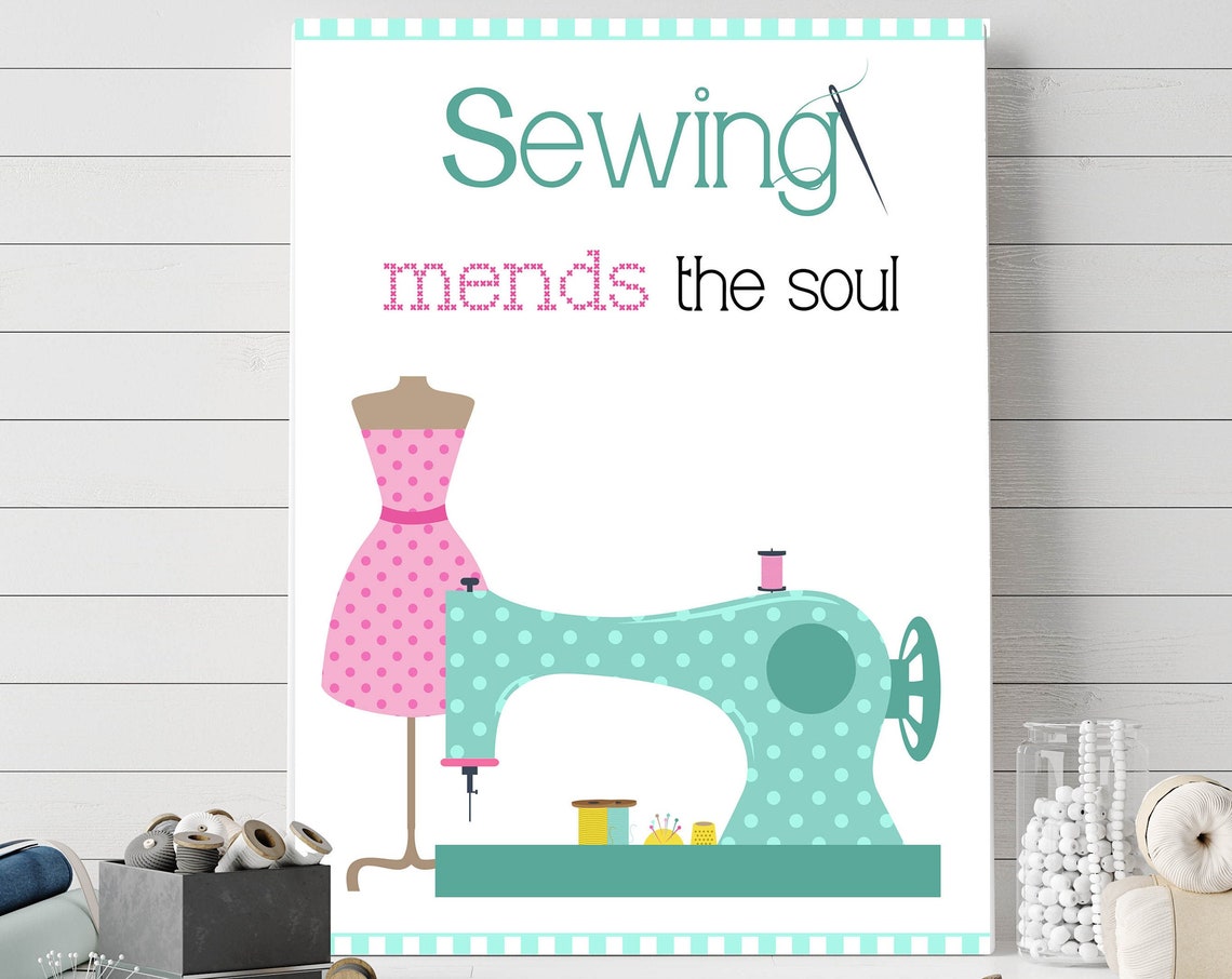 Sewing Mends the Soul Polka Dot Sewing Machine Dress Form Poster