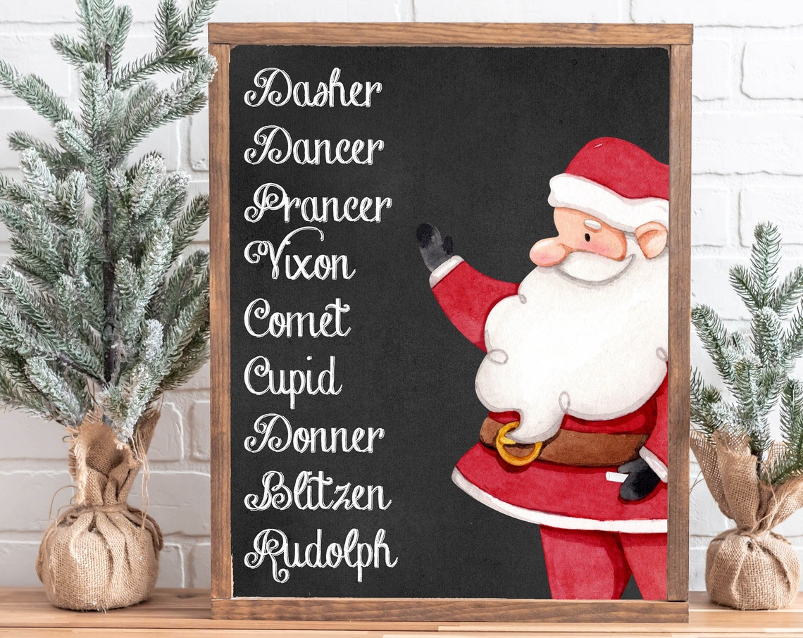Reindeer Names Chalkboard Sign With Santa Christmas List Wall Art