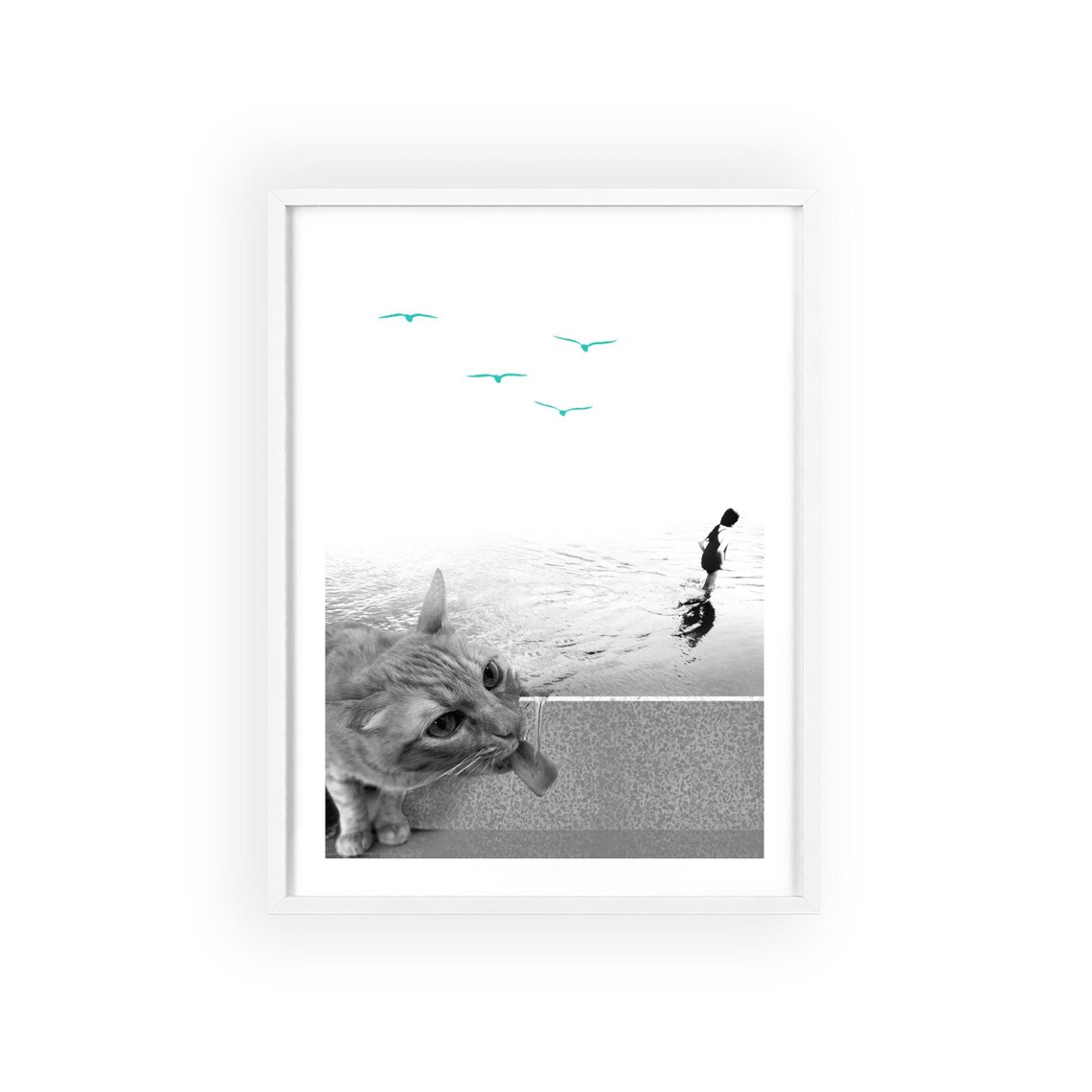 Giant Cat on the Beach Surreal Collage Teal Birds Wall Poster - Image 3