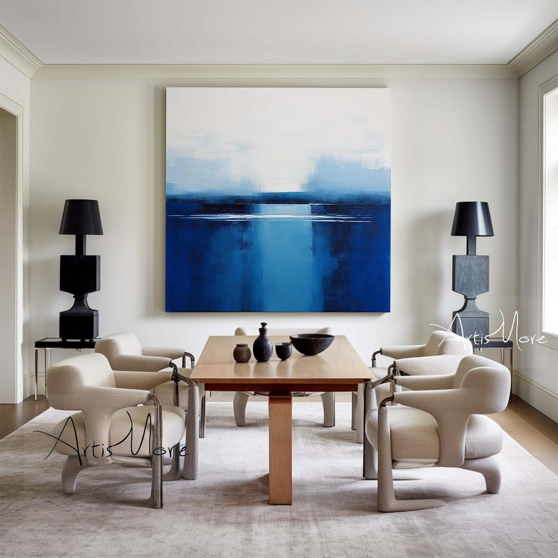 Cobalt Blue White Abstract Painting Square Minimalist Modern Wall Art - Image 4