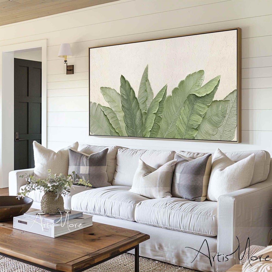 Minimalist Green Palm Leaves Panoramic Botanical Canvas Art Poster - Image 2