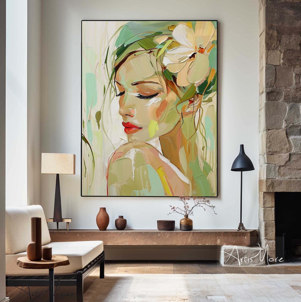 Abstract Woman Profile Red Lips White Flower Green Texture Wall Poster - Image 4