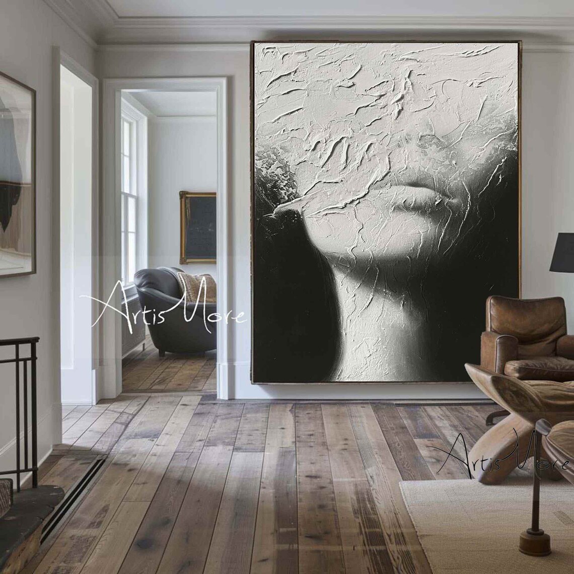 Black White Faceless Woman Portrait Texture Painting Modern Figure Art - Image 2