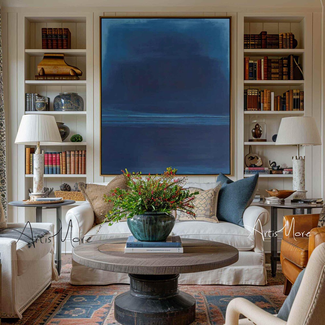 Deep Navy Blue Abstract Painting Soft Horizon Band Modern Minimalist Art - Image 4
