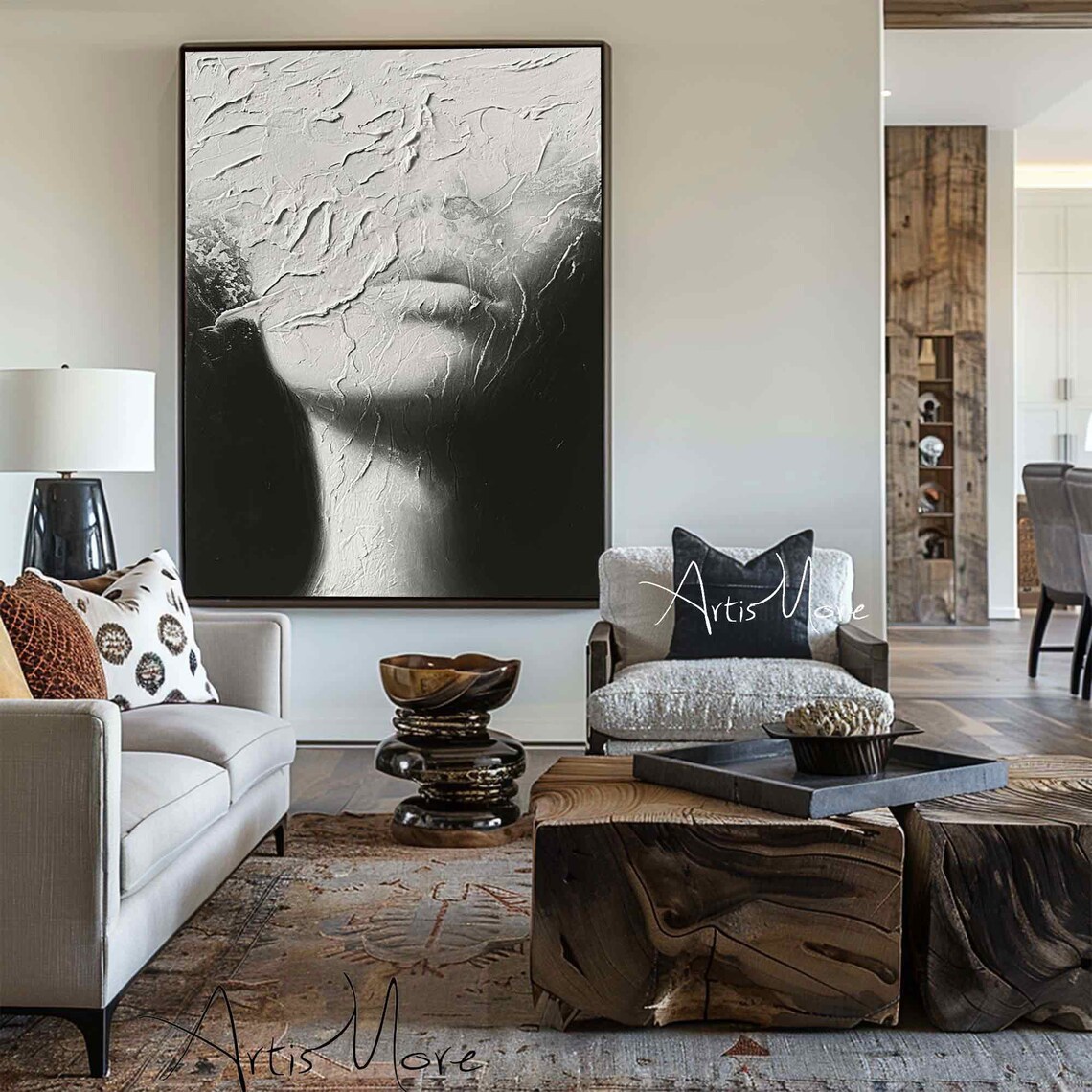 Black White Faceless Woman Portrait Texture Painting Modern Figure Art - Image 5