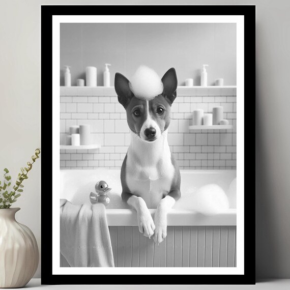 Basenji Wall Art Funny Bathroom Decor Pet Portrait Petshop Dog Gift In Bubble Bath