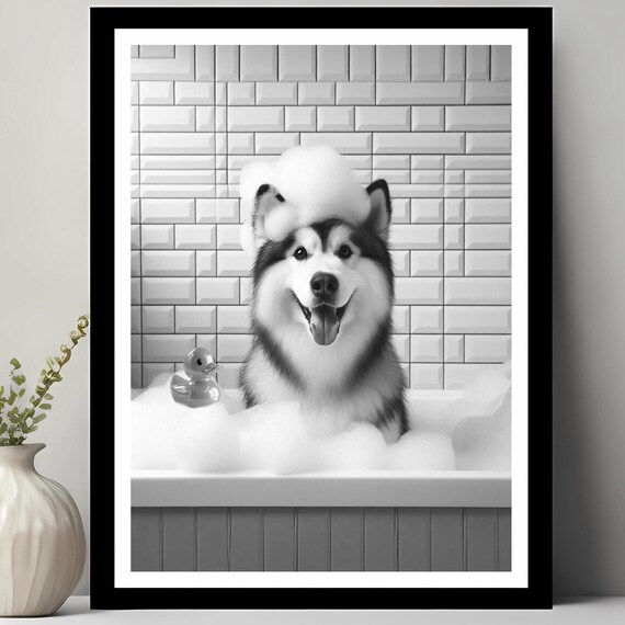 Alaskan Malamute Wall Art Funny Bathroom Decor Pet Portrait Dog Gift In Bubble Bath