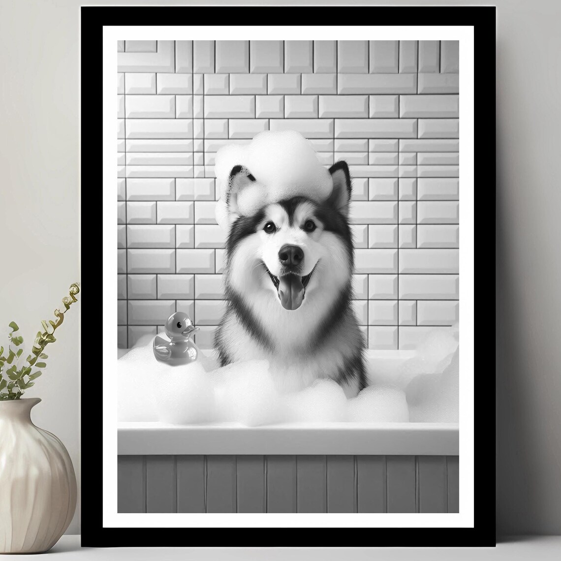 Alaskan Malamute Wall Art Funny Bathroom Decor Pet Portrait Dog Gift In Bubble Bath
