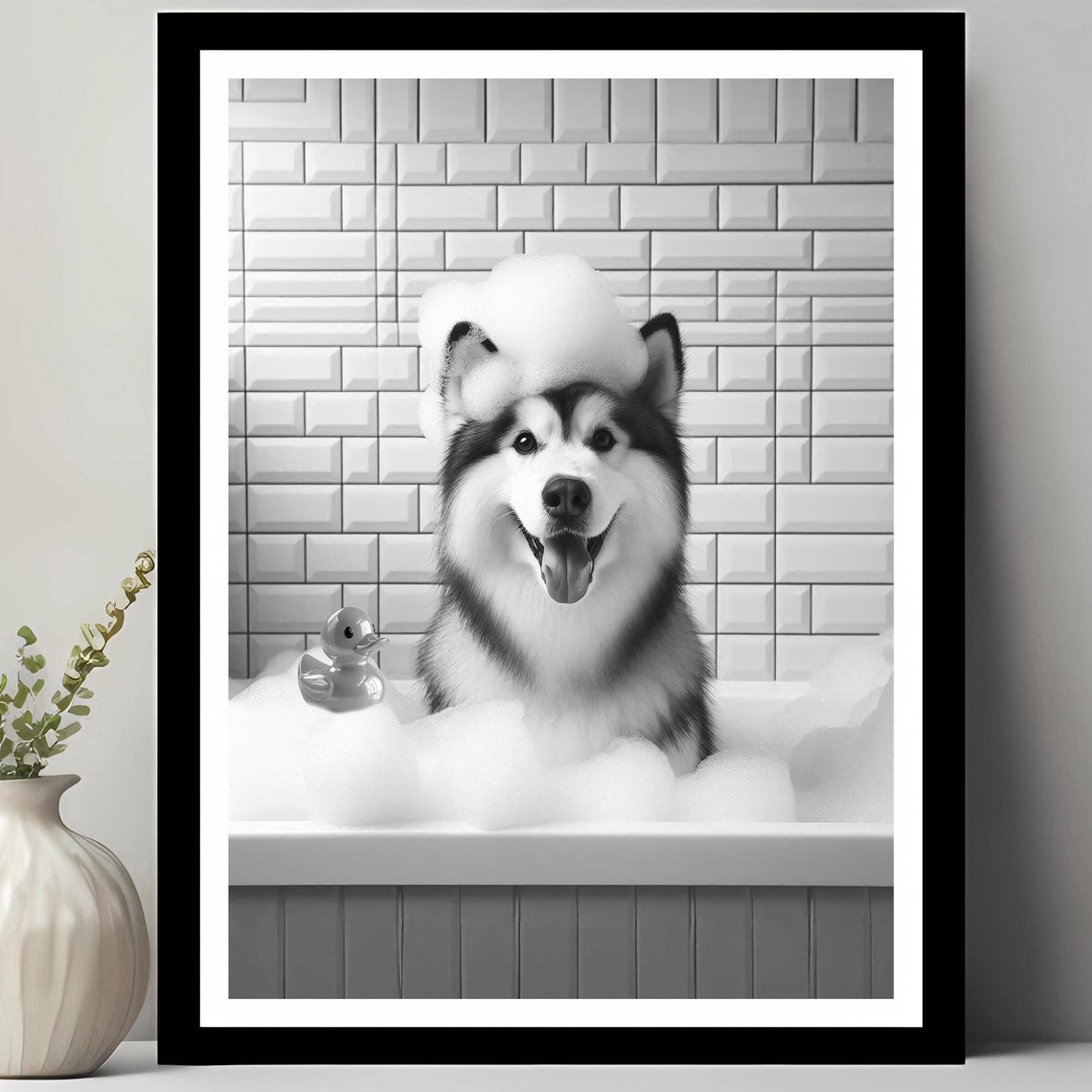 Siberian Husky Smiling in a Bubble Bath With Rubber Duck Poster