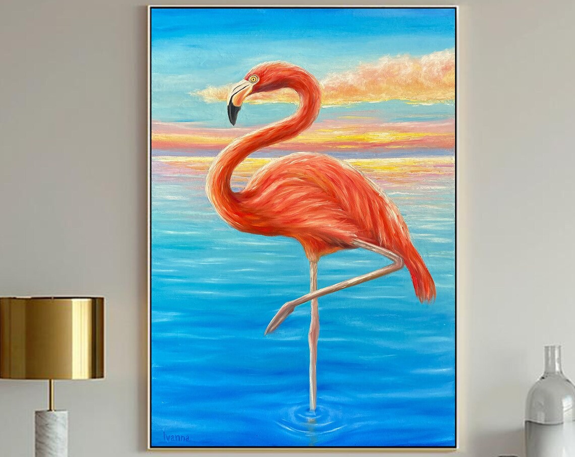 Pink Flamingo Standing In Turquoise Sunset Ocean Water Painting
