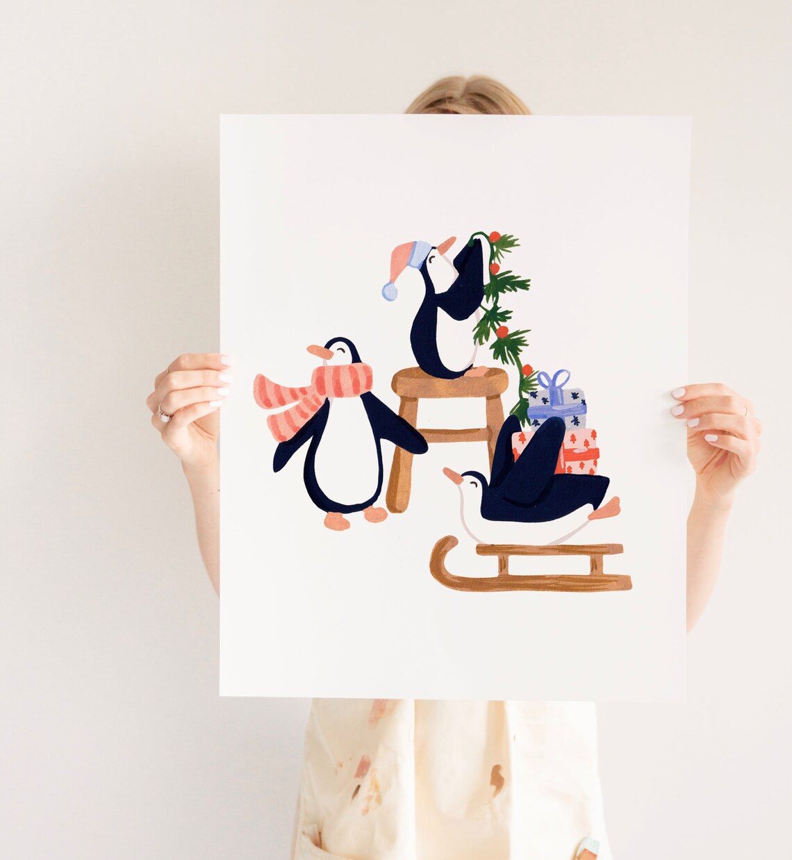 Helper Penguins Art Print, Holiday Christmas Illustration - Image 3