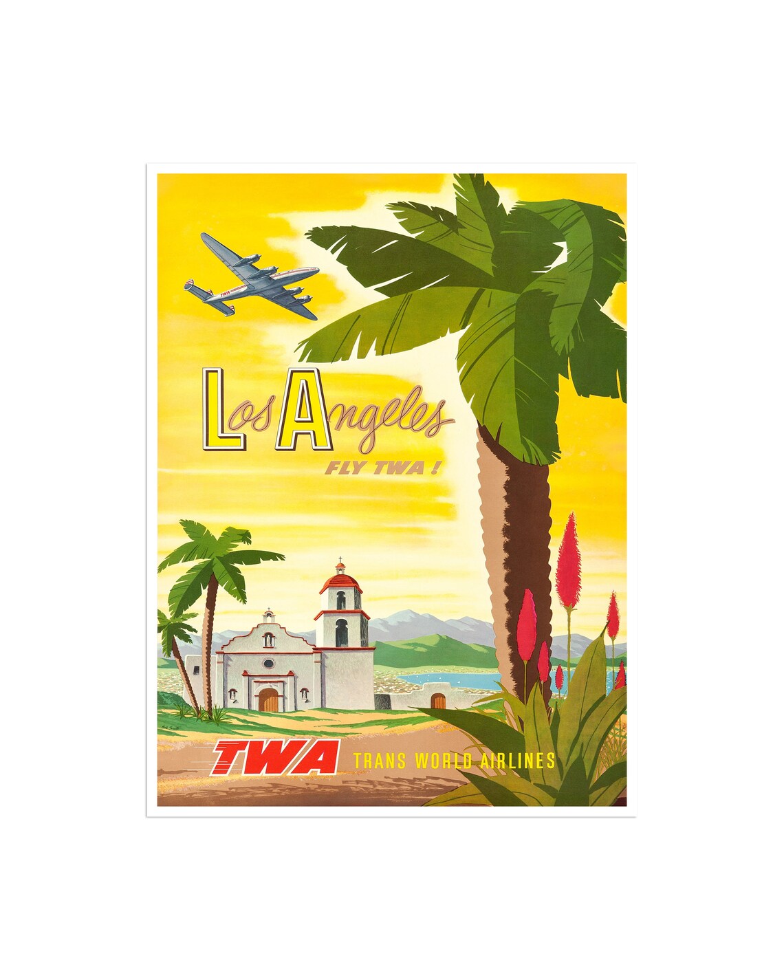 Los Angeles California Mission Palms Vintage TWA Airline Poster