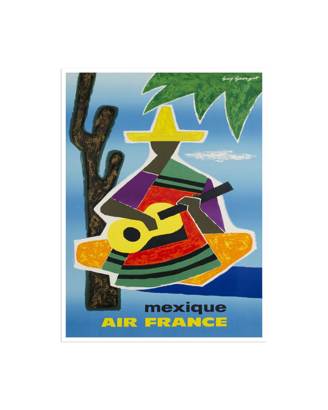 Mexique Air France Vintage Abstract Guitarist Cactus Travel Poster
