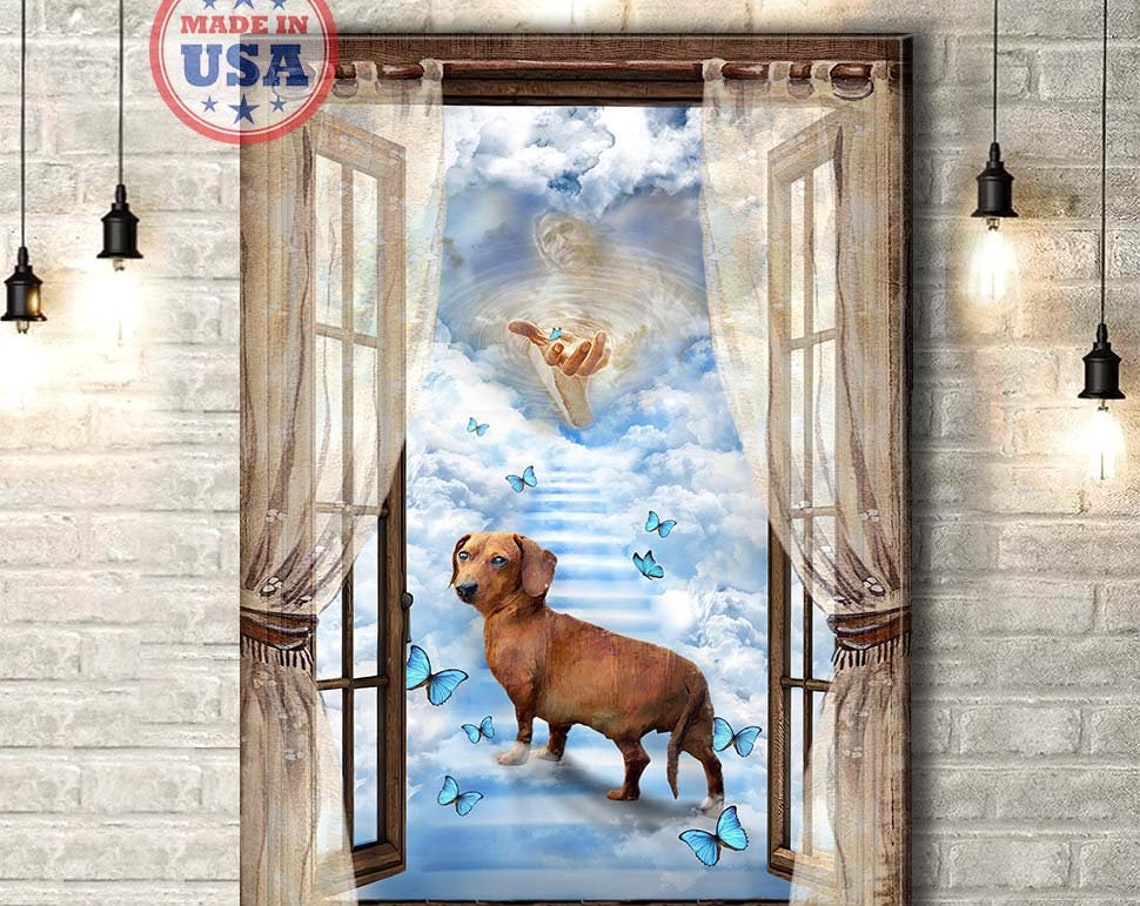 Dachshund Entering Heaven with Jesus Reaching Down in Clouds Poster
