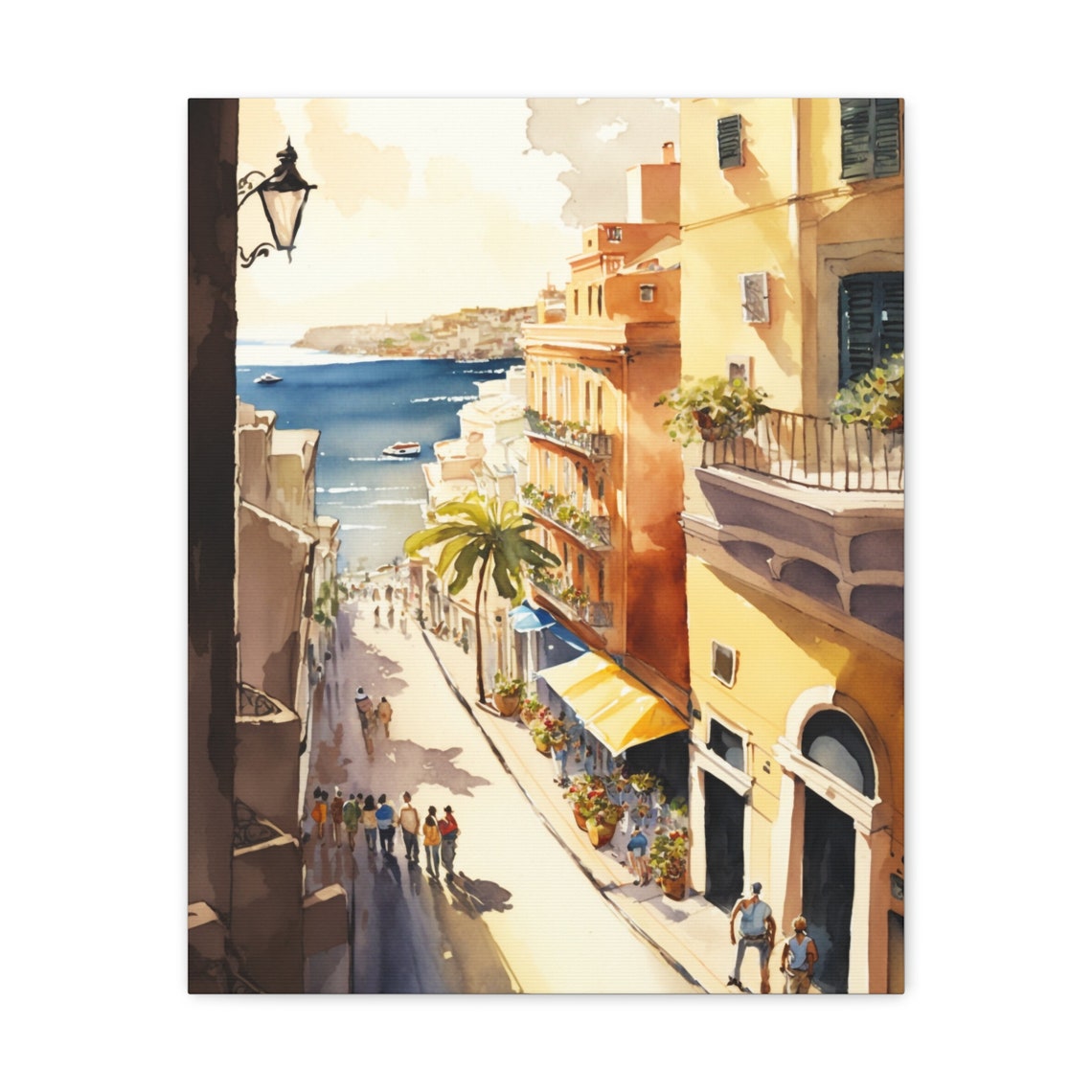 Sunny Mediterranean Coastal Street Scene Watercolor Travel Poster