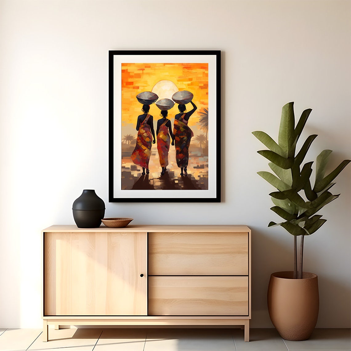 Three African Women Carrying Baskets Sunset Back View Art Poster - Image 3