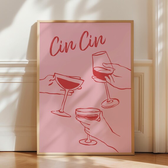 Cin Cin Cheers Red Wine Glasses Line Art Pink Trendy Bar Poster