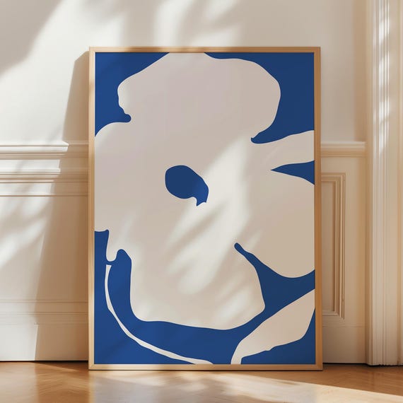 Big Flower Print In Blue Abstract Botanical Wall Art Mid Century Modern Apartment Decor Floral