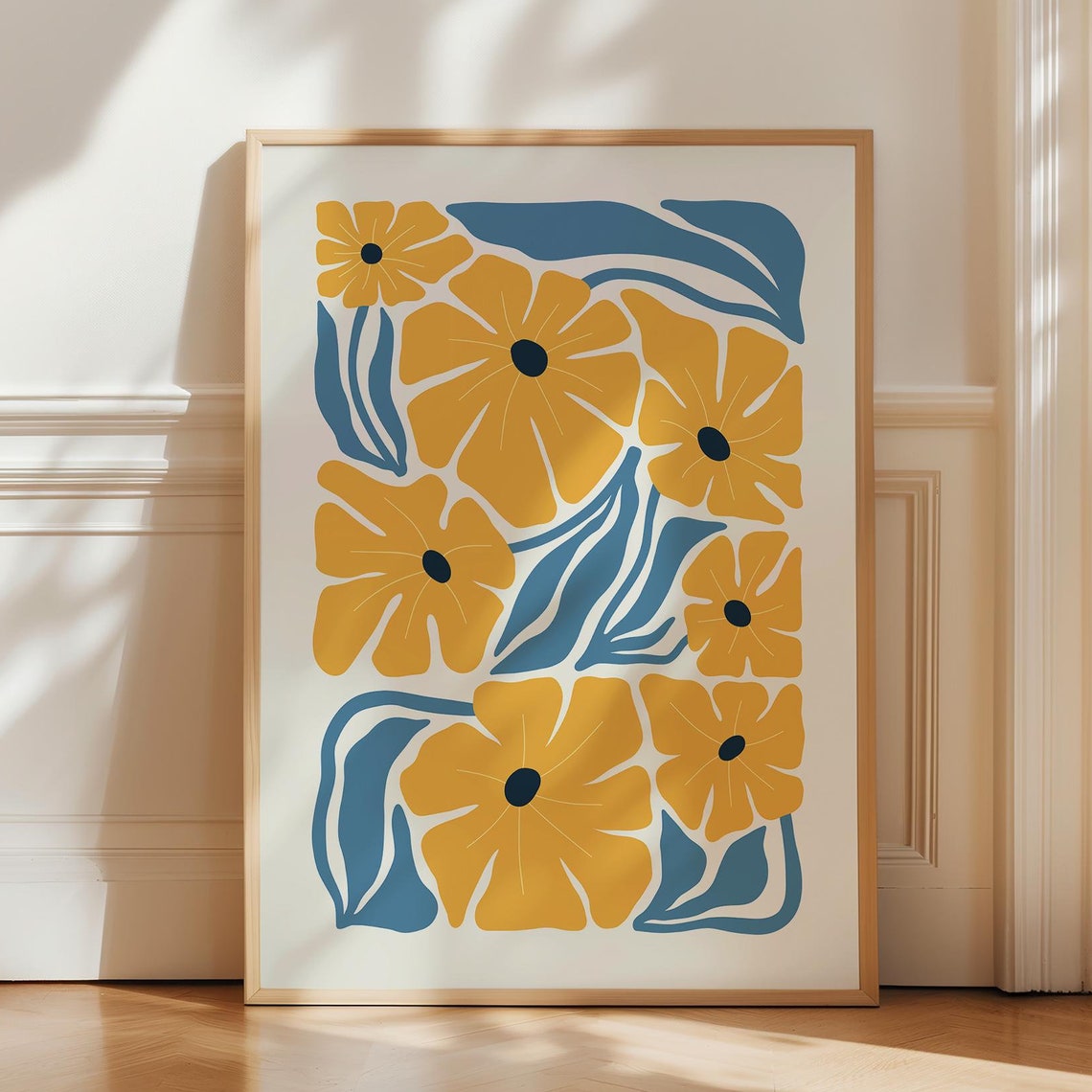 Abstract Floral Print Folk Wall Decor In Yellow Art Poster Bohemian Living Room