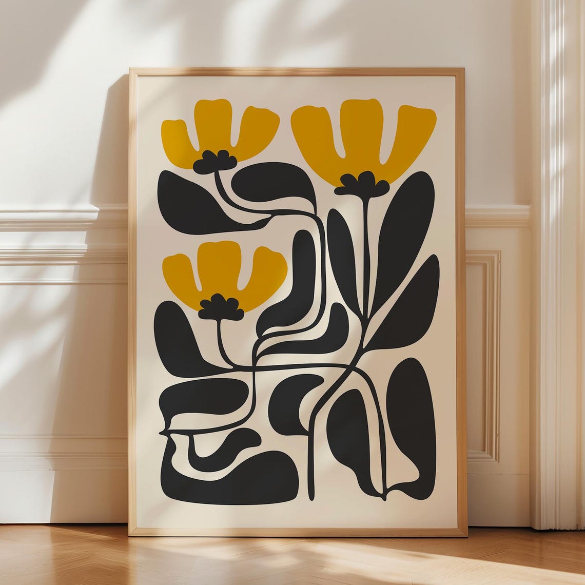 Mustard Yellow Flower Poster Abstract Botanical Art Matisse Inspired Print Japandi Wall Boho