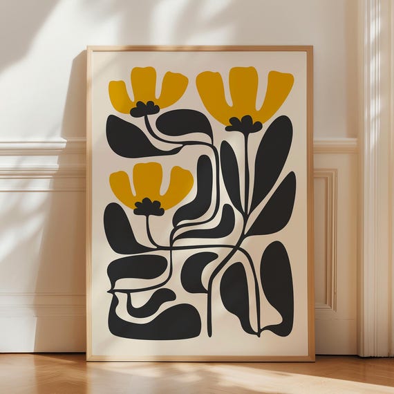 Mustard Yellow Flower Poster Abstract Botanical Art Matisse Inspired Print Japandi Wall Boho