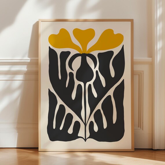 Mustard Yellow Abstract Botanical Flower Matisse Style Art Poster