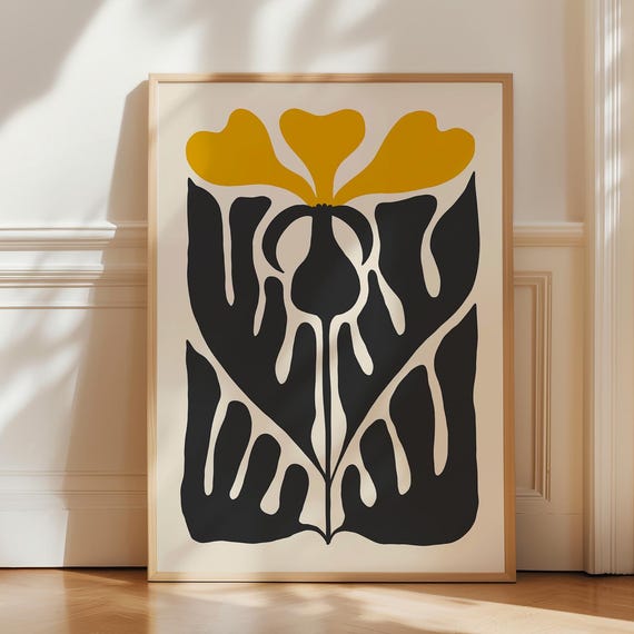 Mustard Yellow Flower Poster Abstract Botanical Art Matisse Inspired Print Japandi Wall Boho