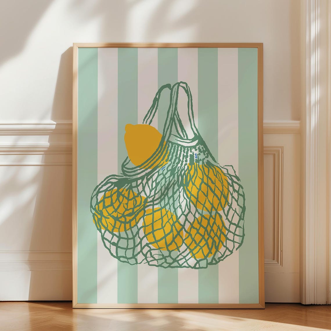 Lemons In Green Mesh Bag Striped Kitchen Illustration Wall Art