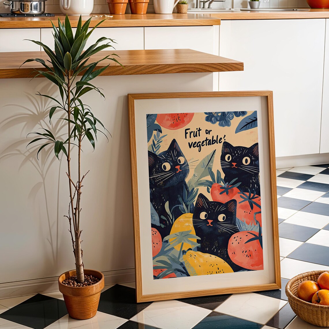 Three Black Cats Among Fruits Fruit Or Vegetable Cute Kitchen Whimsical Humor Poster - Image 6