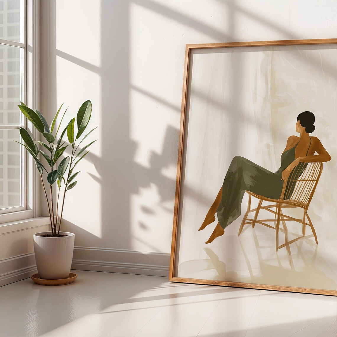 Woman In Silk Dress Sitting On Rattan Chair Sunlit Minimalist Interior Art Print - Image 5