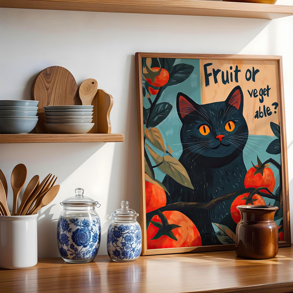 Black Cat With Tomatoes Fruit Or Veget Able Funny Kitchen Retro Style Humor Poster - Image 5