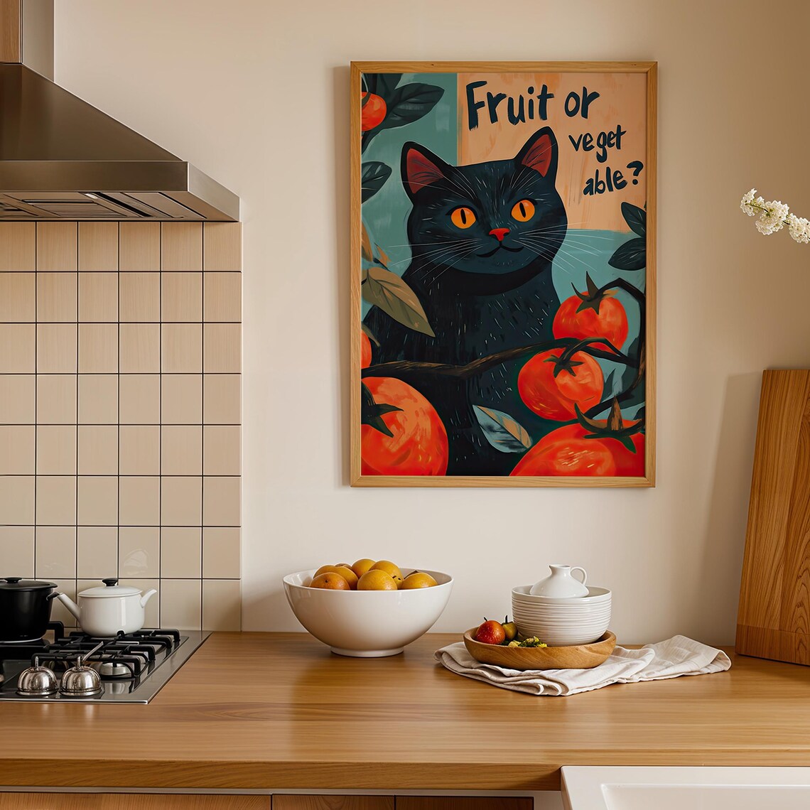 Black Cat With Tomatoes Fruit Or Veget Able Funny Kitchen Retro Style Humor Poster - Image 2