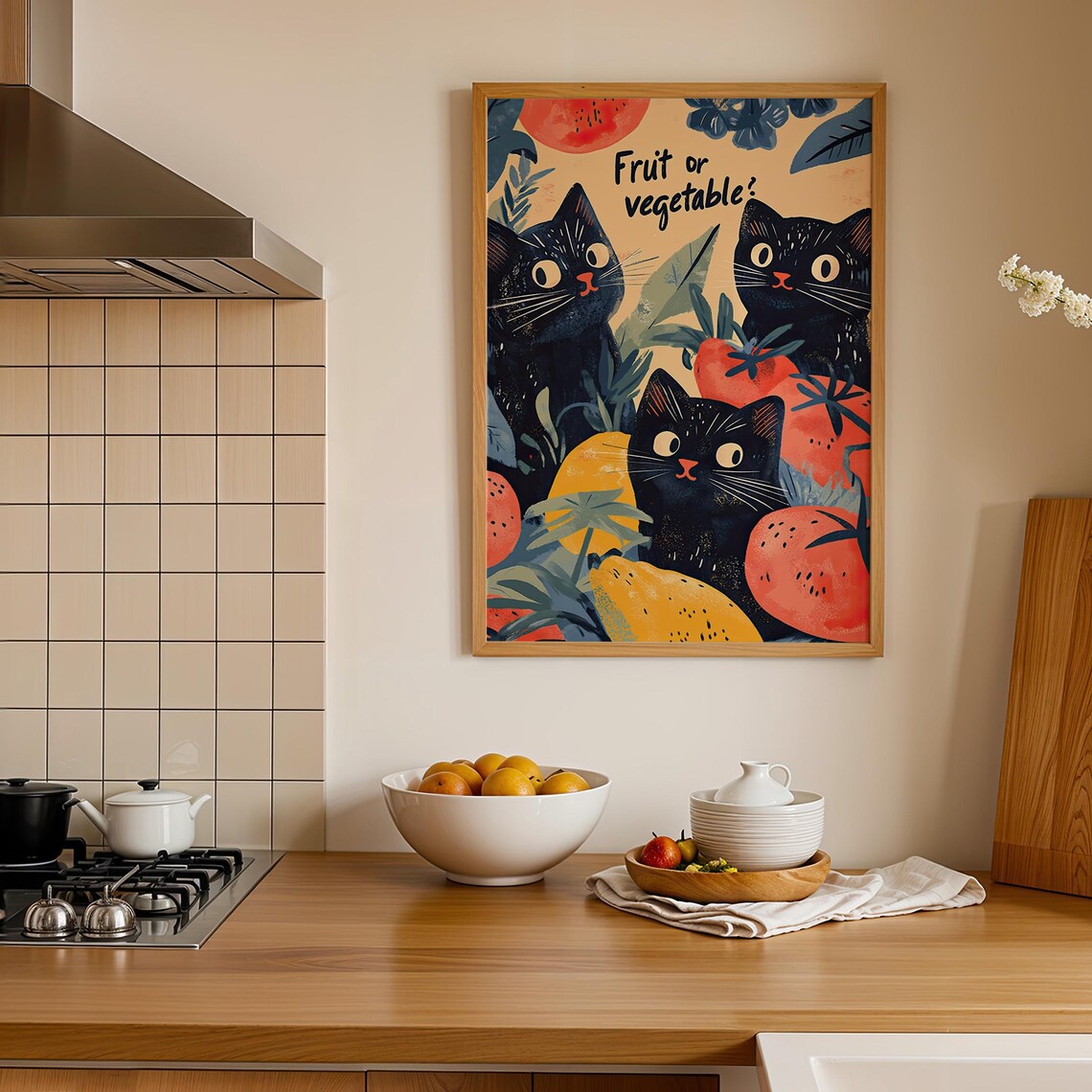 Three Black Cats Among Fruits Fruit Or Vegetable Cute Kitchen Whimsical Humor Poster - Image 4