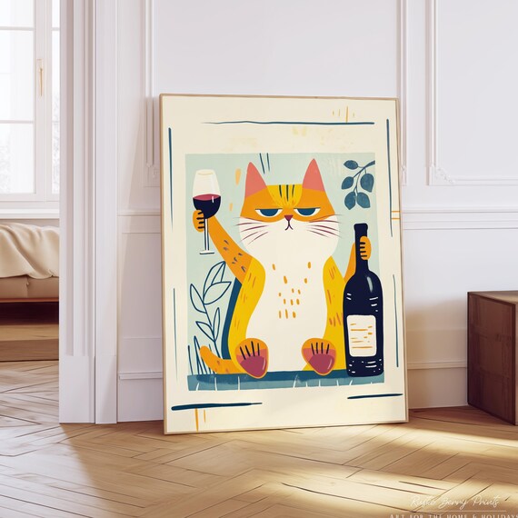 Retro Orange Tabby Cat Wine Glass Vintage Bar Kitchen Art Print Poster