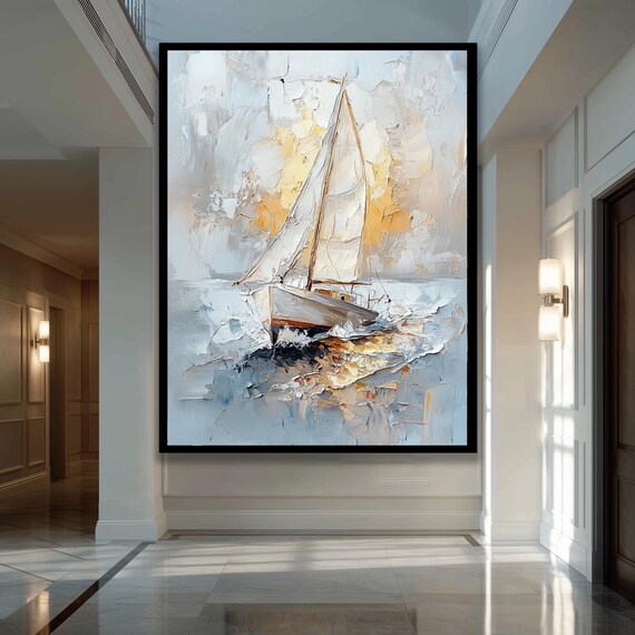 Abstract Sailboat Painting Poster White And Gold Nautical Decor