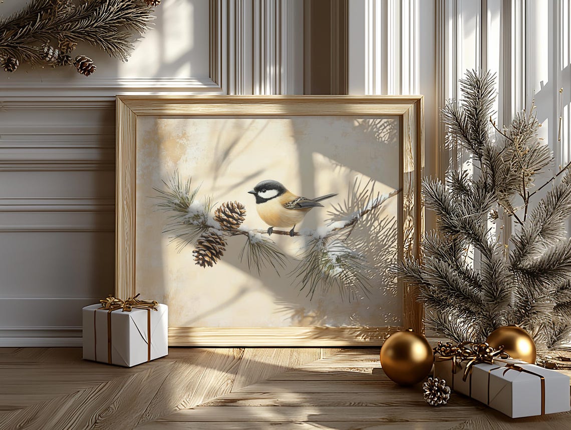 Carolina Chickadee on Snowy Pine Branch Pinecones Bird Poster - Image 6