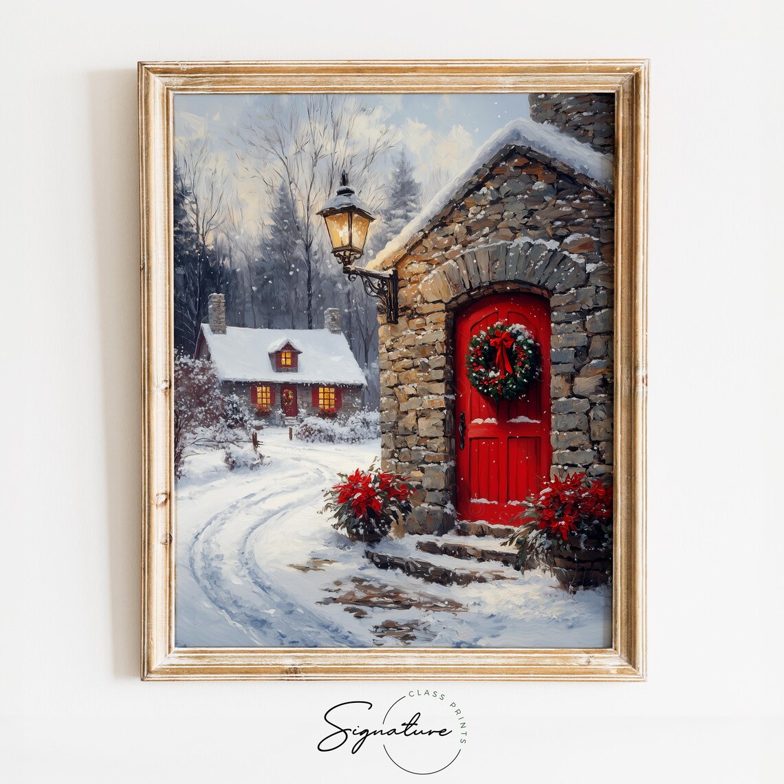 Stone House with Red Door Wreath and Lantern in Snow Christmas Poster