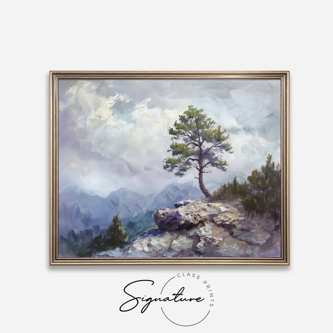 Lone Pine Tree On Rocky Ridge Above Misty Blue Mountains Poster - Image 4
