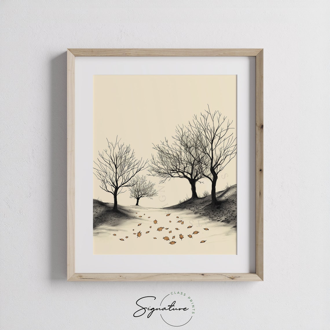 Autumn Orchard With Scattered Orange Leaves Monochrome Sketch Poster - Image 3