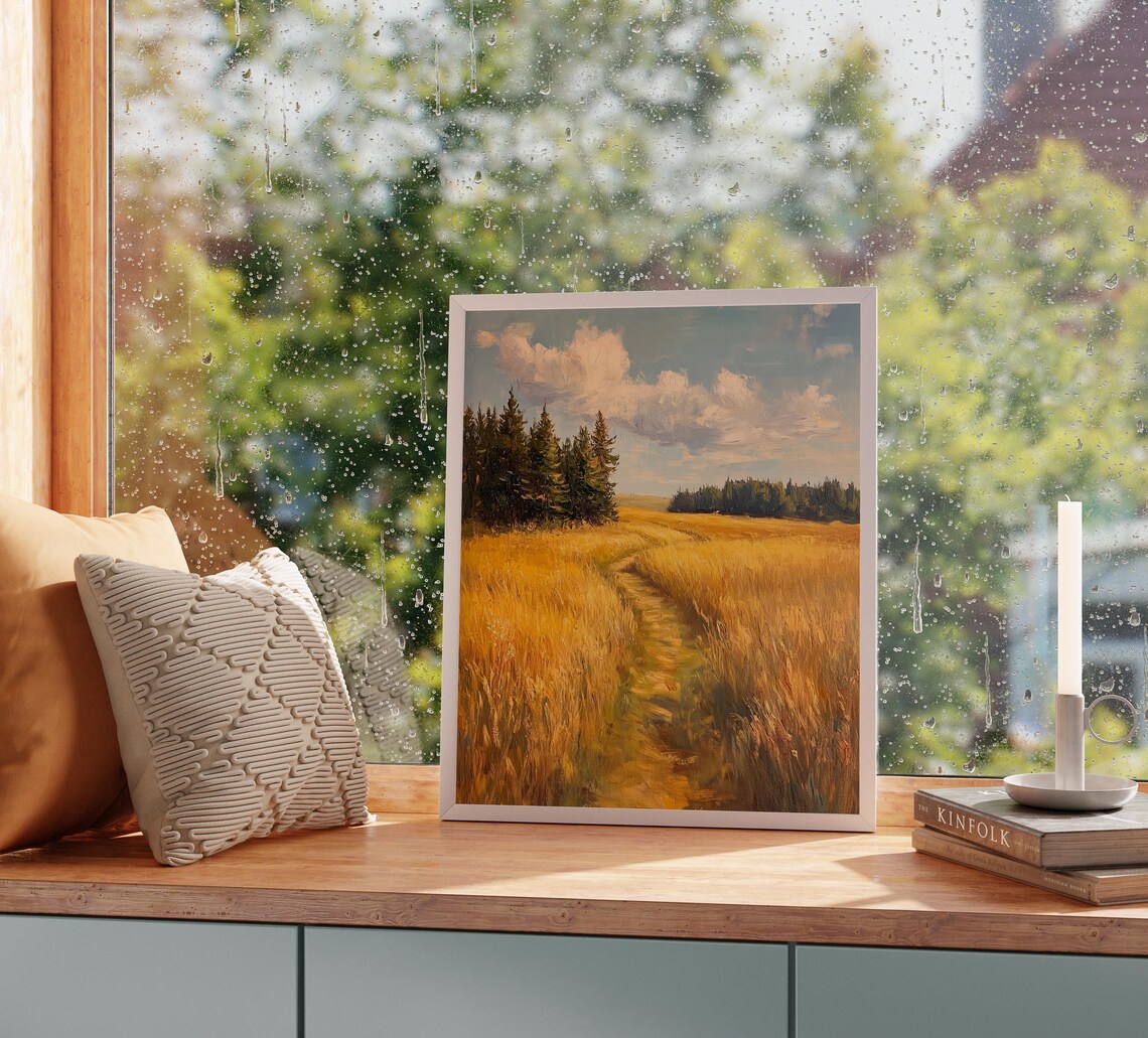 Broad Golden Meadow Path Under Evening Sky With Pines Landscape Poster - Image 5