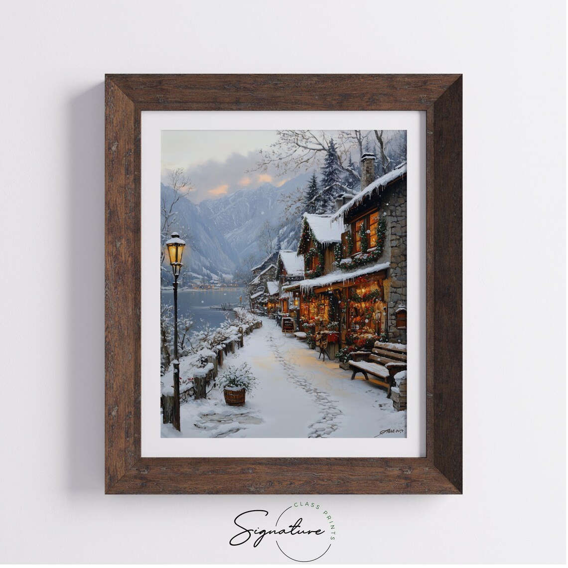 Snowy Lakeside Village At Dusk With Warm Lamp Glow Winter Poster - Image 3
