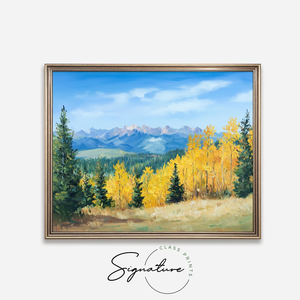 Fall Mountain Landscape Golden Aspens Blue Peaks Pine Trees Painting Poster - Image 4