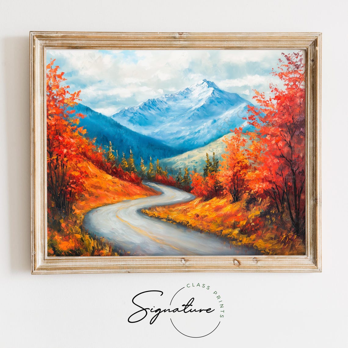 Winding Mountain Road Through Autumn Foliage Snowy Peak Poster