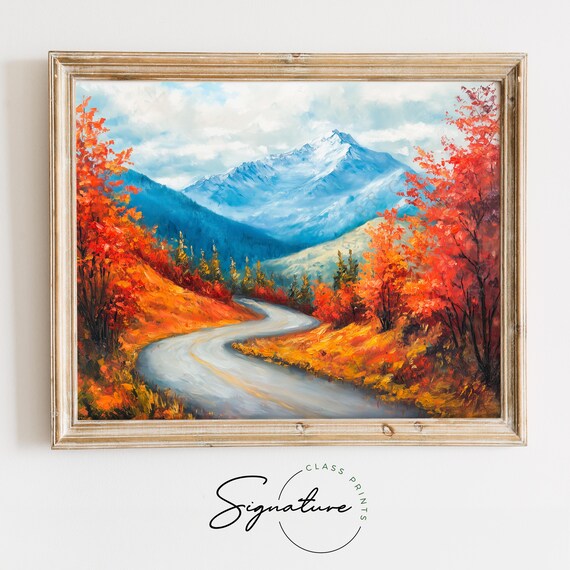 Winding Mountain Road Through Autumn Foliage Snowy Peak Poster