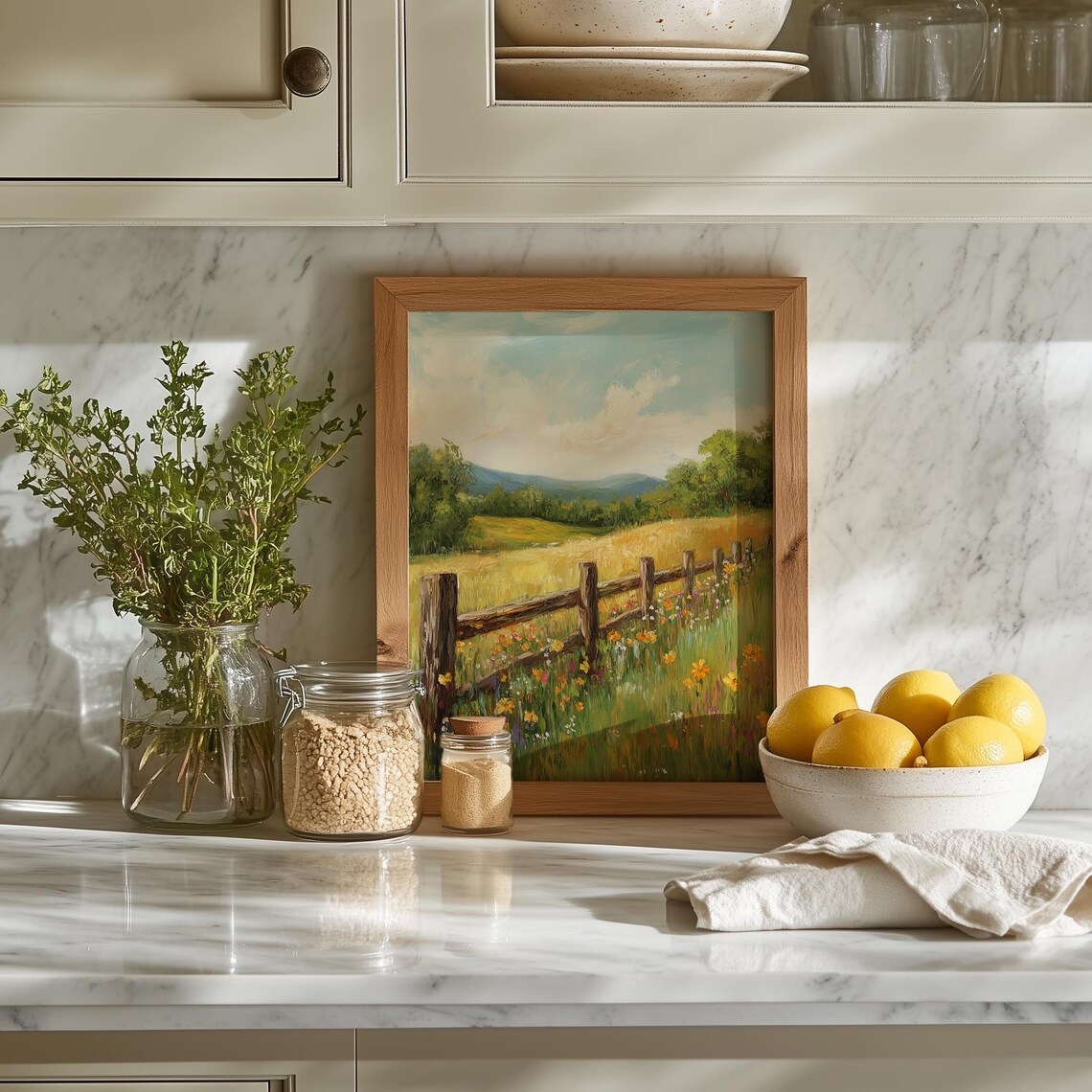 Rustic Wooden Fence Wildflower Meadow Country Landscape Painting Poster - Image 5