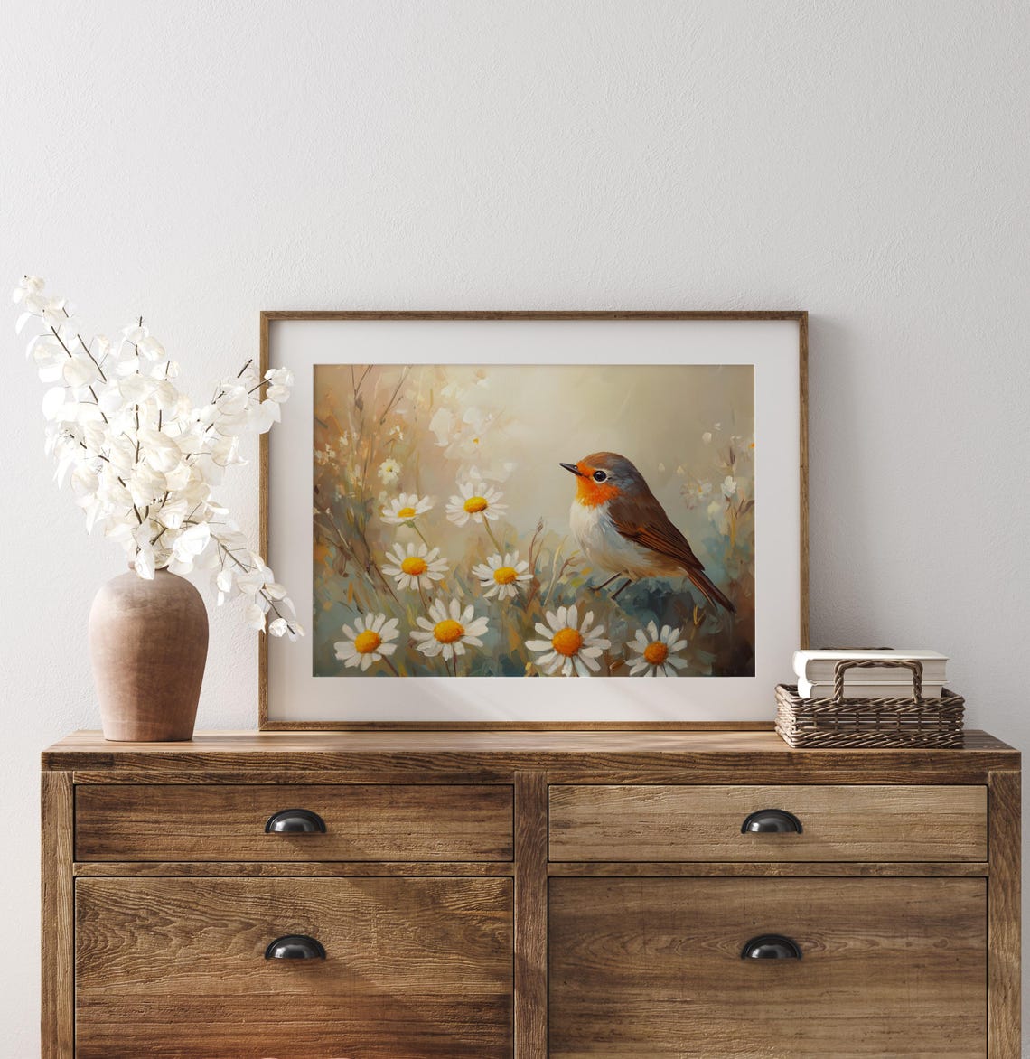 Sunlit Robin Among White Daisies Warm Golden Spring Bird Wall Art - Image 2