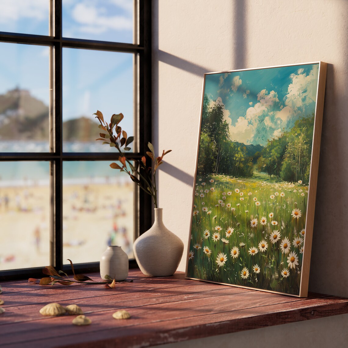 Spring Daisy Meadow White Blooms Blue Sky Sunny Floral Field Oil Poster - Image 5