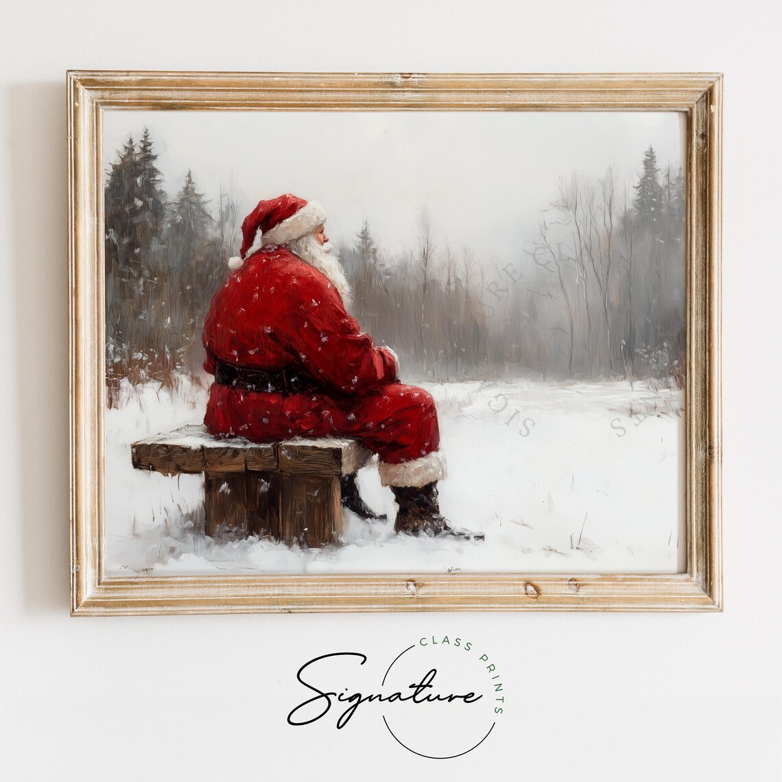Santa Claus Resting on Snowy Bench in Winter Woods Christmas Poster