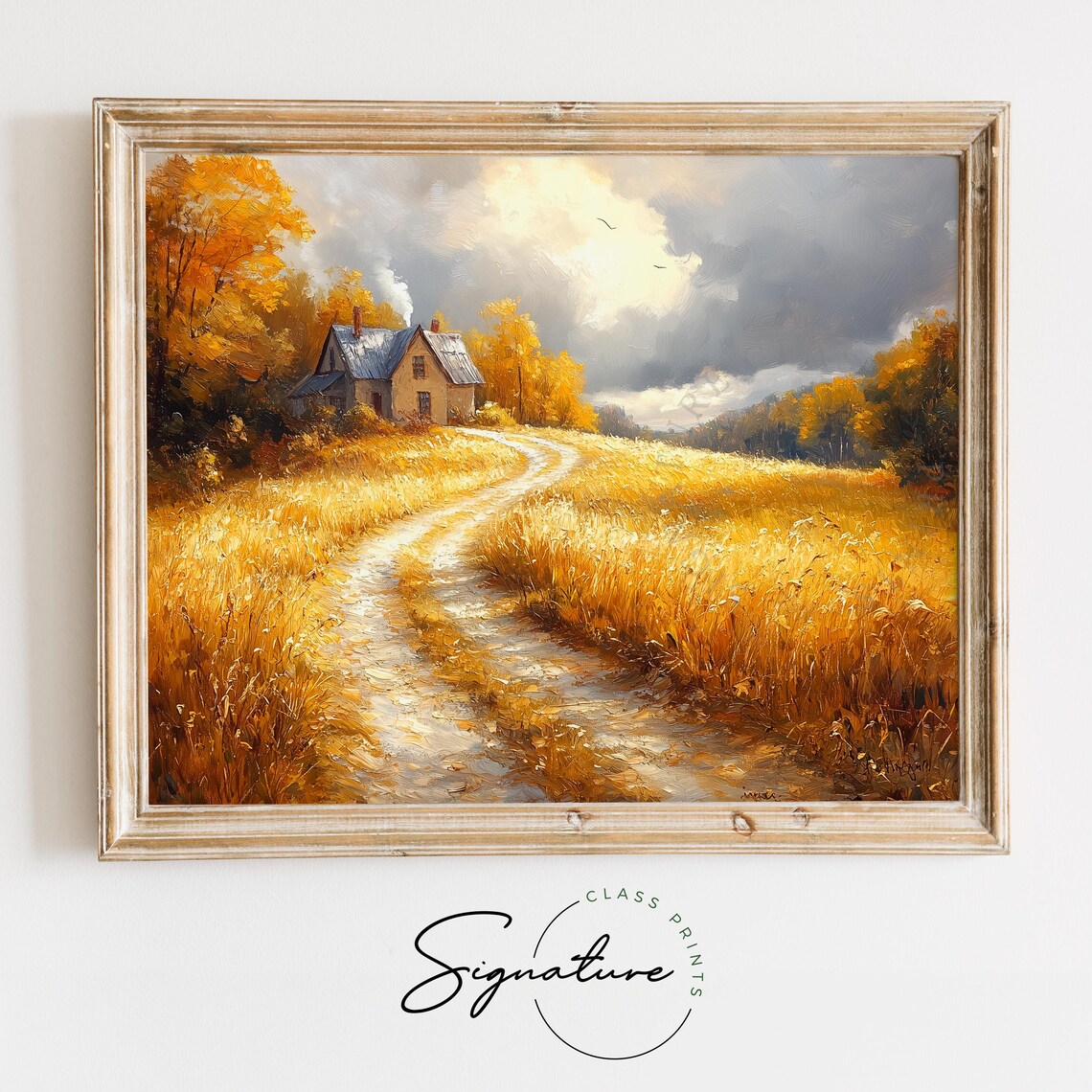 Country Farmhouse With Chimney Smoke Golden Grass Autumn Evening Poster