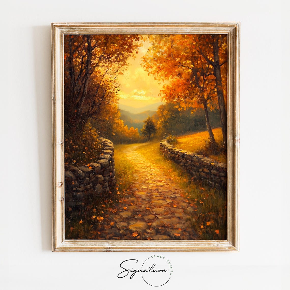 Autumn Cobblestone Pathway Glowing With Warm Golden Light Fall Poster